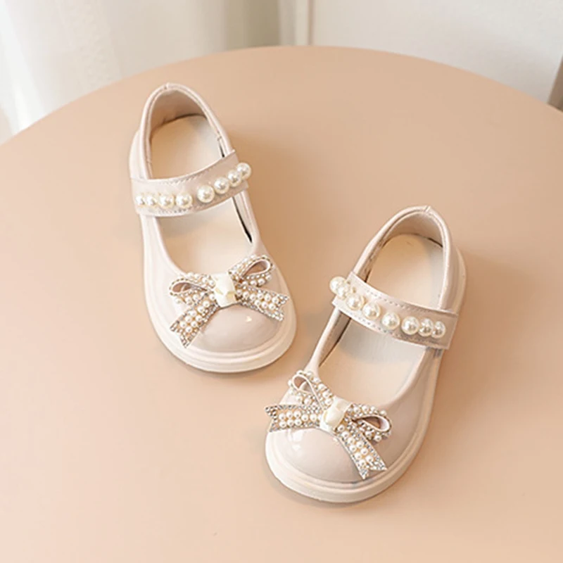 Girls Leather Shoes Children Spring Autumn Kids Girls Leather Pearl Bow Soft Casual Flats Princess Vintage Round Toe Shoes