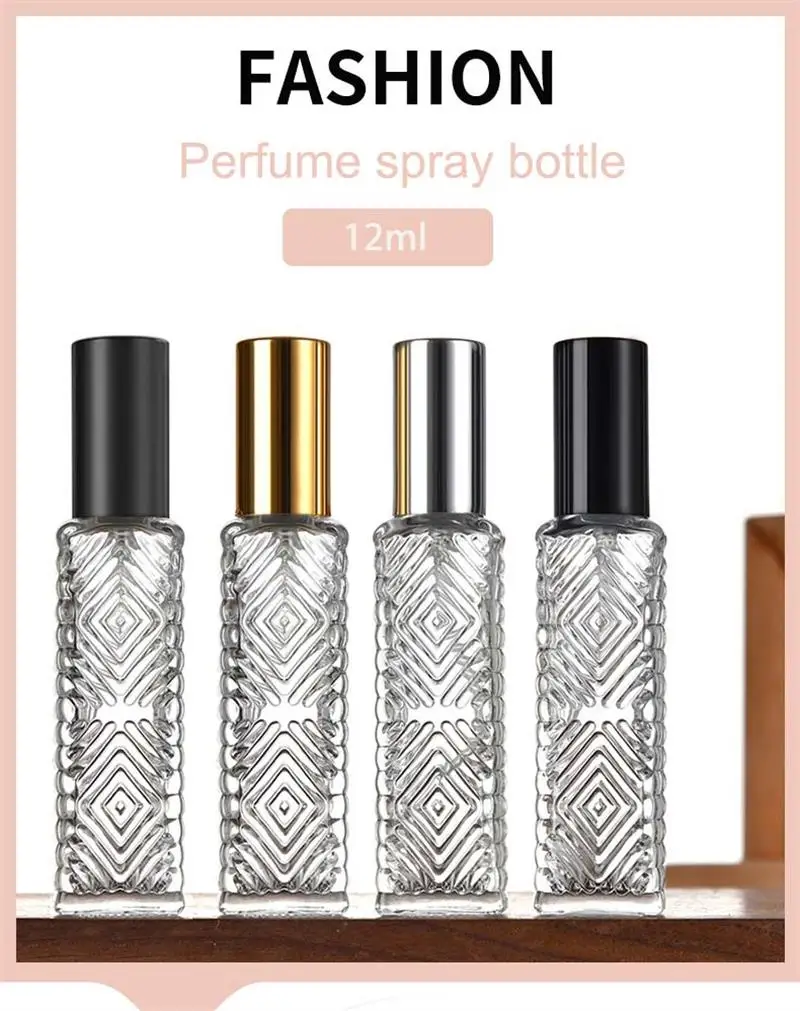 12ml Perfume Bottle Long Square Diamond Pattern Transparent Glass Spray Bottle Portable Cosmetic Sample Dispensing Empty Bottle