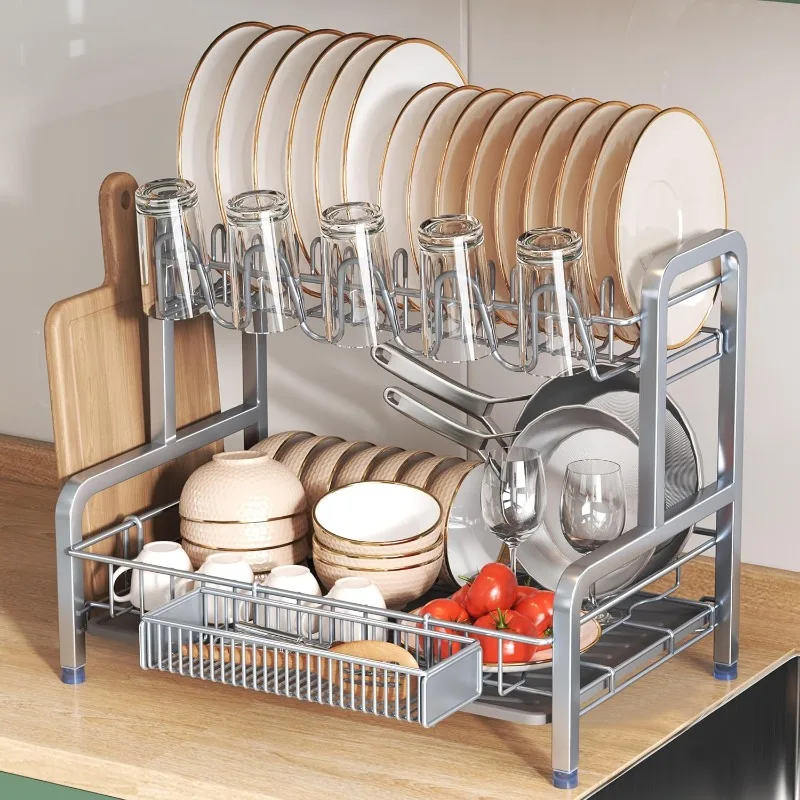 

2 Tier Dish Drying Rack and Drainboard Set, Large Stainless Steel Drainer for Kitchen Counter With Cup-Holder (Grey)