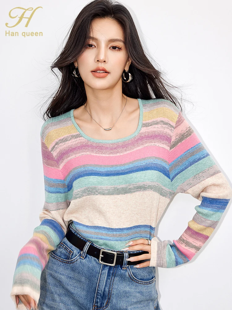 H Han Queen 2024 Autumn Korean Striped Knit Pullover T-Shirts Crop Top Vintage Casual Work Wear Office Fashion Women\'s Clothing