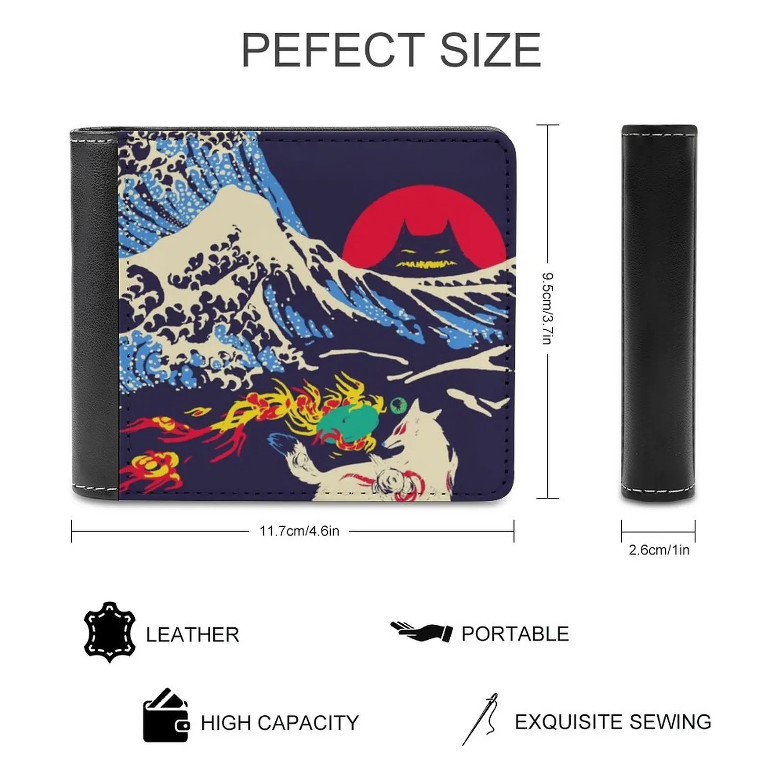 The Great Wave Off Oni Island Leather Wallet Men Classic Black Purse Credit Card Holder Fashion Men's Wallet Okami Amaterasu