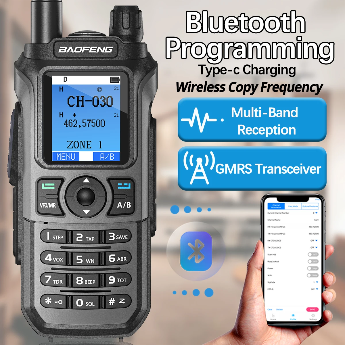 Baofeng GM-21 Walkie Talkie GMRS Transceiver Bluetooth Wireless Program Multi-Band Receiving AM FM Type-c Charger Two Way Radio