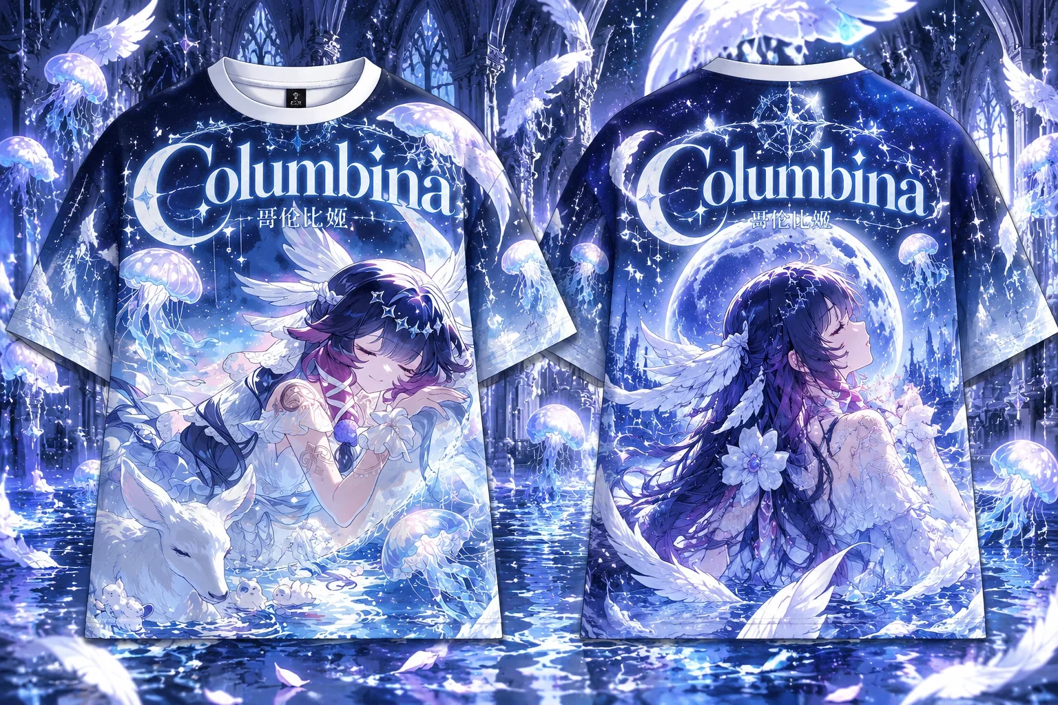2026 Genshin Impact Columbina All Over Print T-shirt Family Matching Gothic White Dove Anime Graphic Short Sleeve Streetwear Tee
