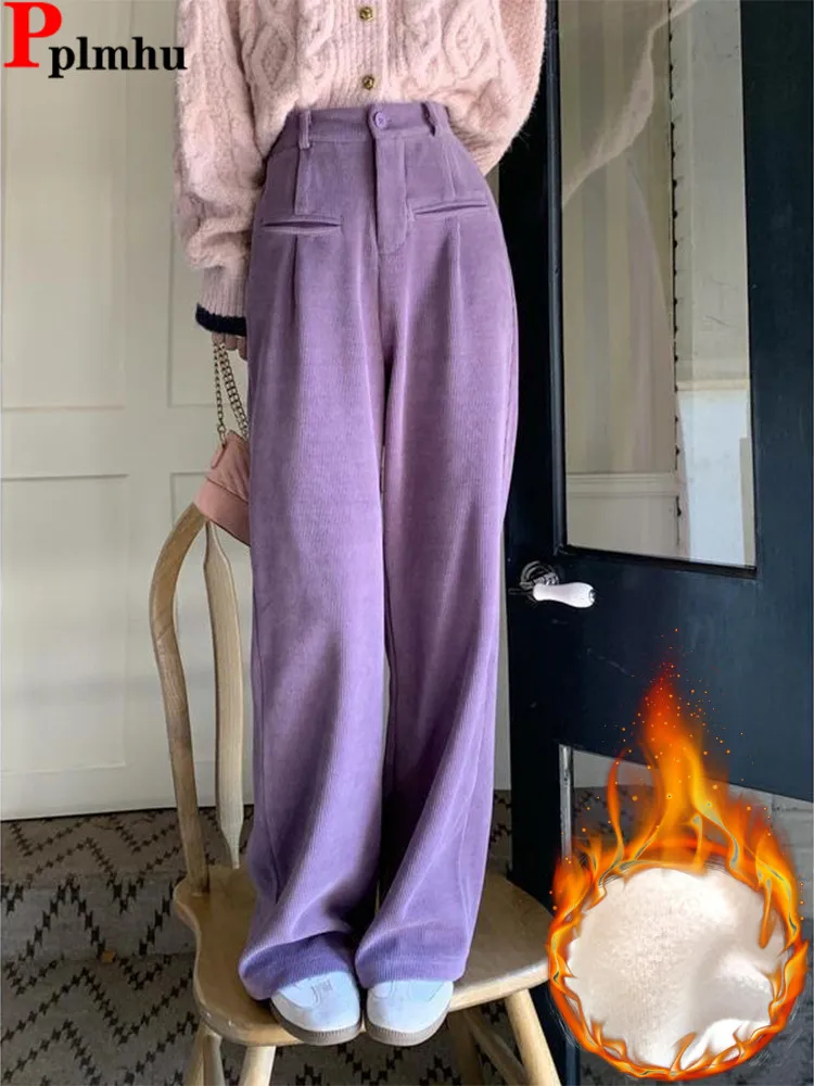 

Velveteen Lined High Waist Wide Leg Suit Pants Winter Candy Color Office Pantalones Casual Spodnie Korea New Women Baggy Broek