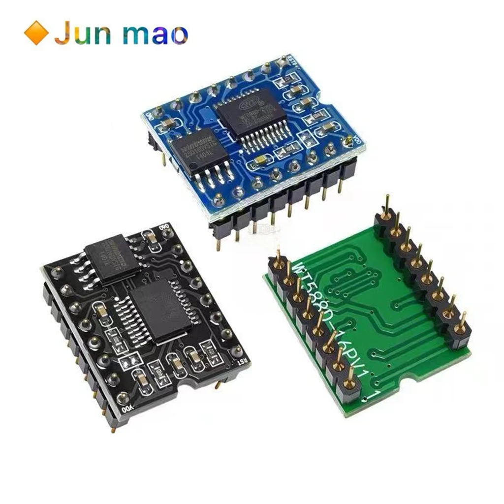 The WT588D voice module chip supports repeated erasing and rewriting with high-quality audio download, featuring 16P-8M/16M/32M
