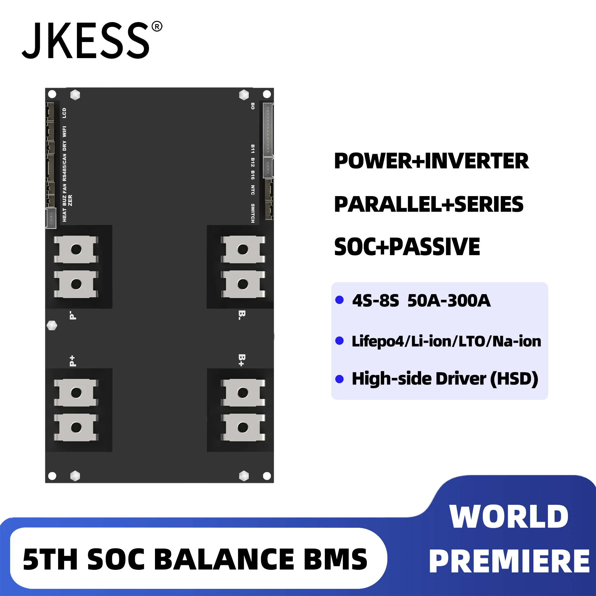 

JKESS 4S 8S Lifepo4 Li-ion Lto Smart SOC Balance BMS 12V 24V 50A 100A 200A 300A Power Inverter BMS Series Parallel Solar System