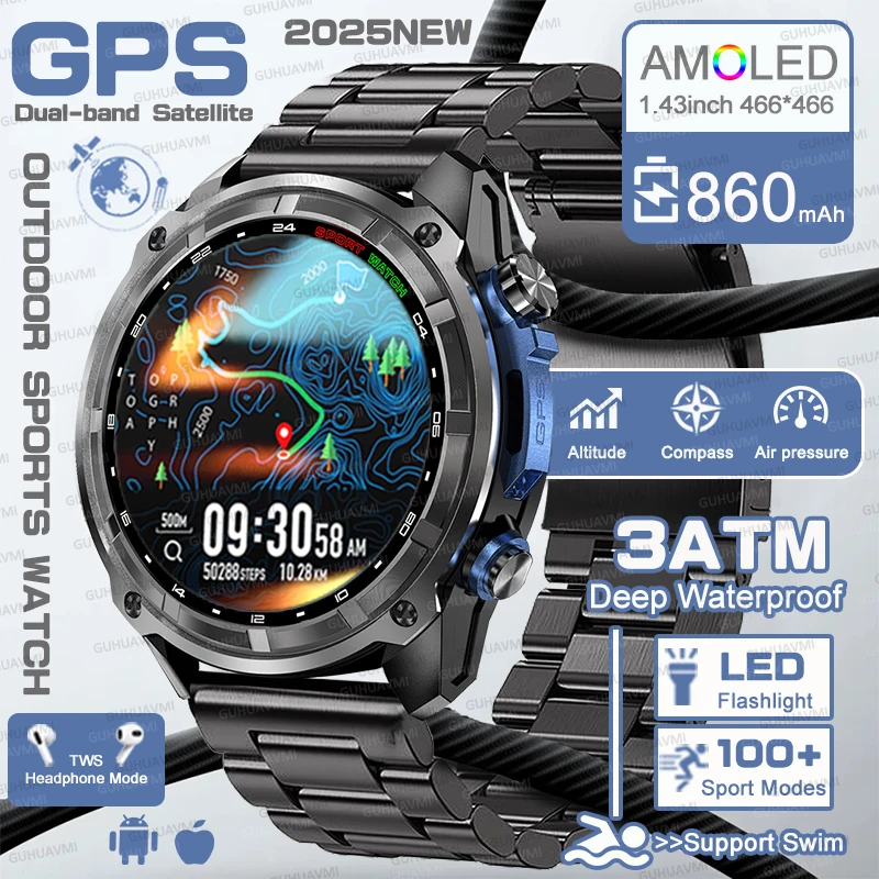 

Outdoors Military T-Rex 3 Built in GPS Offline Map Smart Watch 4GB Memory 1000mAh Compass 100M Waterproof HD Talk Sports Watches