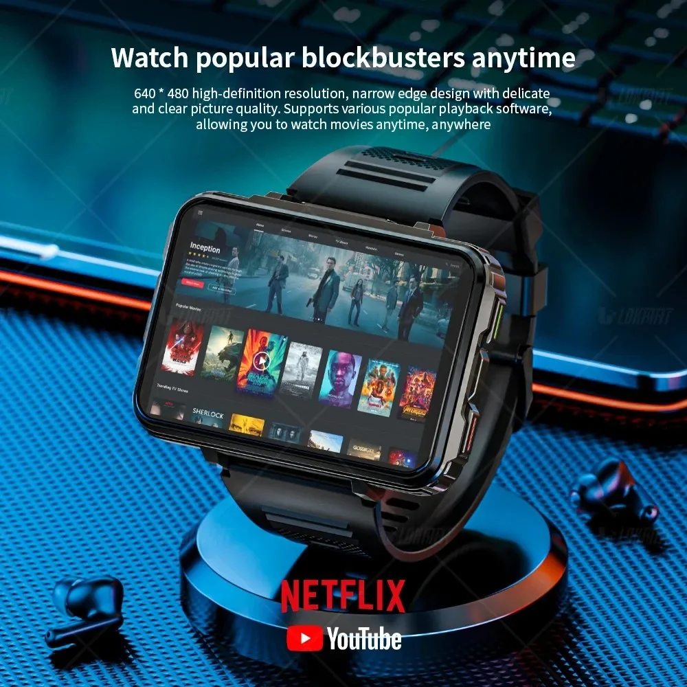 LOKMAT APPLLP 5 MAX هاتف ساعة أندرويد شاشة كبيرة مربعة، واي فاي 4G مكالمات كاميرا مزدوجة ساعات ذكية مع ساعة ألعاب بمصباح يدوي