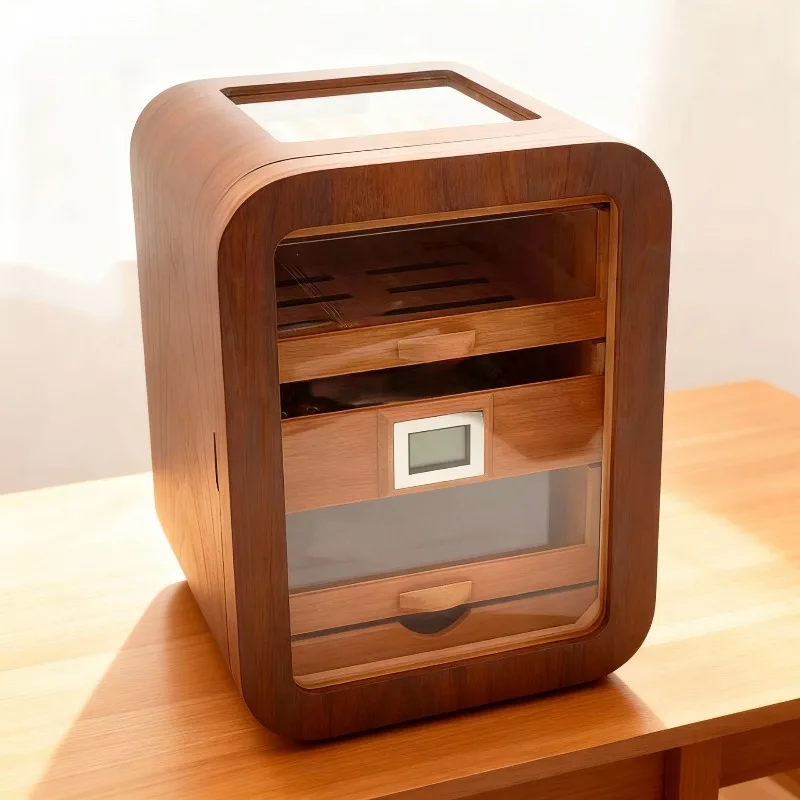 Capacity Curved Cedar Wood Cigar Cabinet with Digital Hygrometer Desktop Visual Top Cigar Moisturizer
