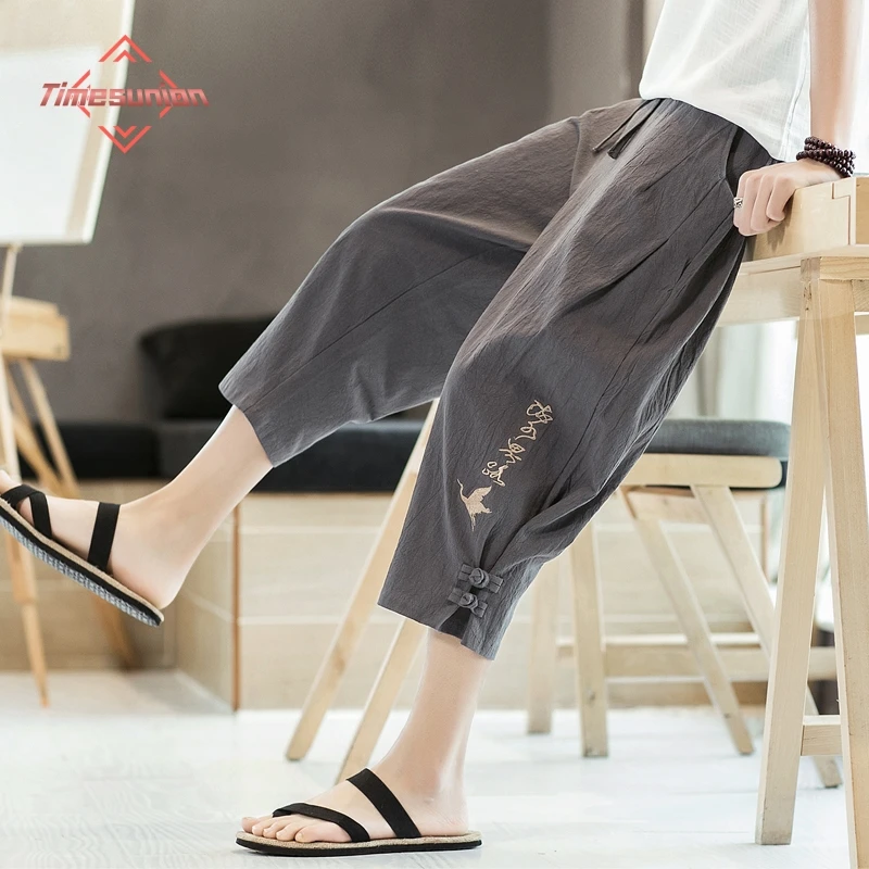 Chinese Style Loose Casual Pants for Men Spring Summer Cotton Linen Calf-length Pants Chinese Character Embroidery Hallen Pants