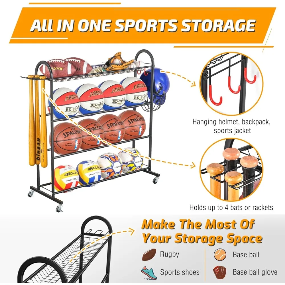 Basketball Rack, Rolling Ball Storage with Baseball Bat Holder and Hooks, Sports Equipment Storage with Wheels for Volleyball