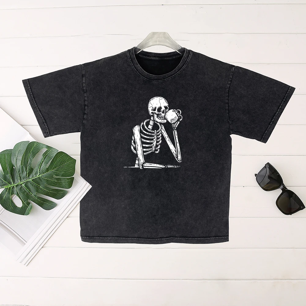 

Seeyoushy Skeleton Tea Print 2023 New Summer Trend Women's T-shirt Washed To Make Old Casual Women's Top Y2K Casual Streetwear