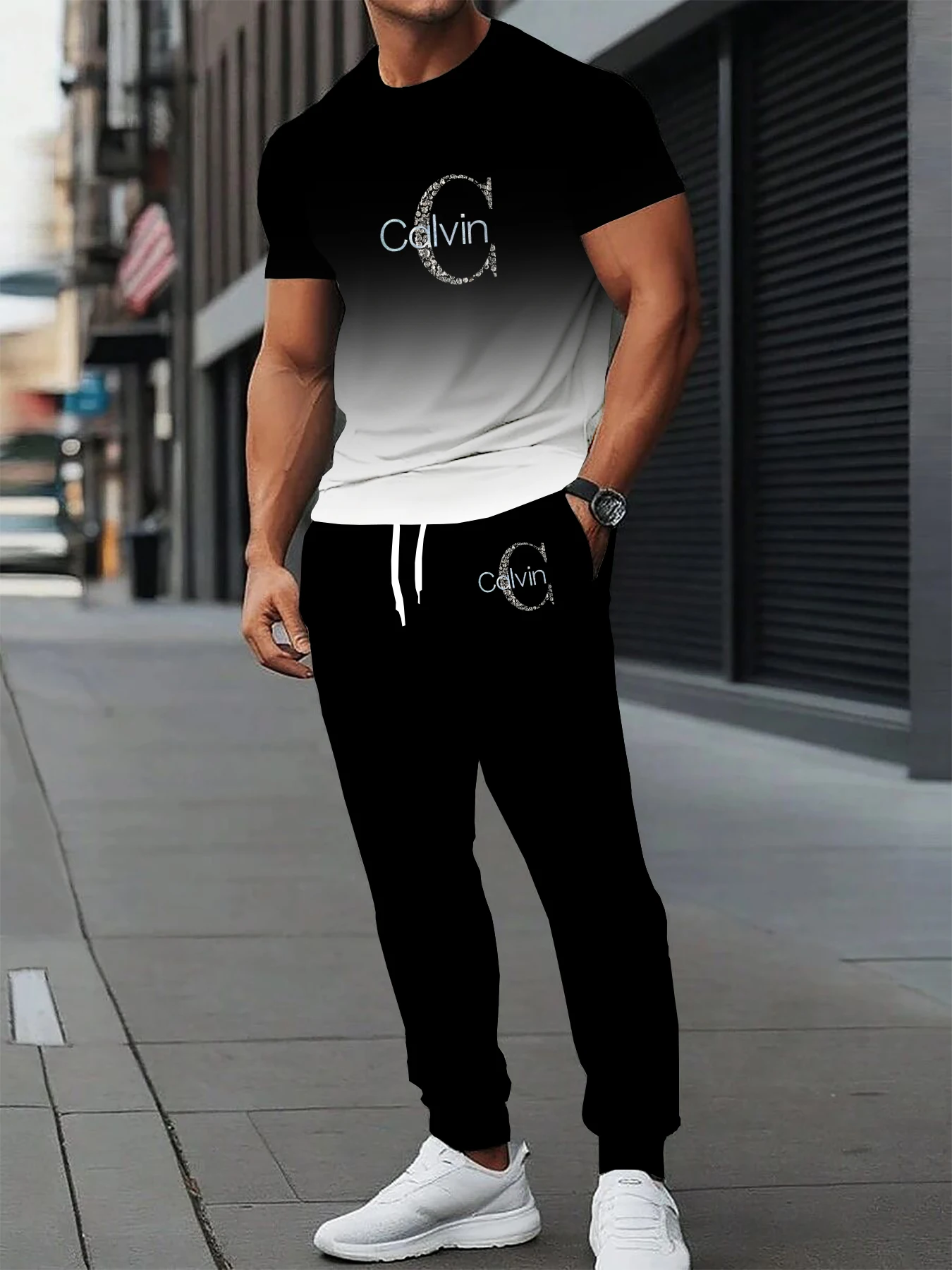 

Summer new men's casual sports suit breathable quick drying polyester fiber round neck T-shirt shorts 2-piece set
