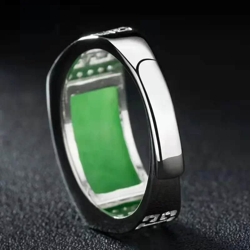 Imitation Hetian Jade Men's Silver-plated Ring Real Green Natural Couple Rings Men Women Jewelry Lucky Stone Jade Finger Ring