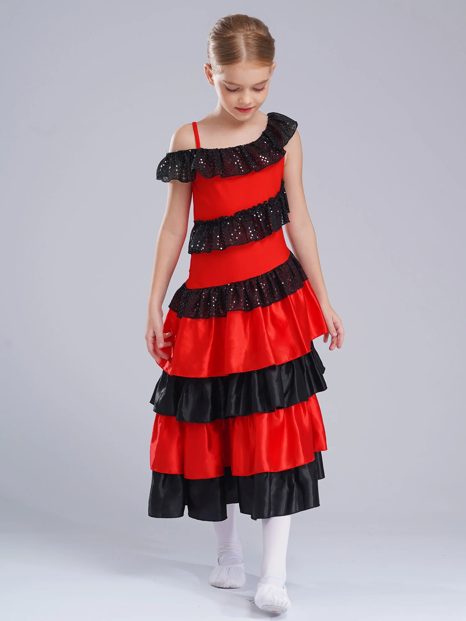 Girls Traditional Spanish Flamenco Dance Color Block Dress Tiered Ruffled Folklorico Dress Carnival Festival Fancy Dress-up