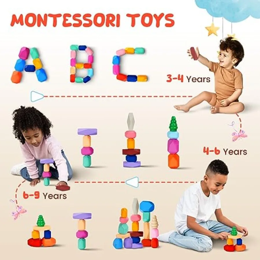 Wooden Stacking Rocks 40 Pcs Montessori Sensory Learning Toys for 39 Years Old Balance Building Blocks Educational STEM Toys fo