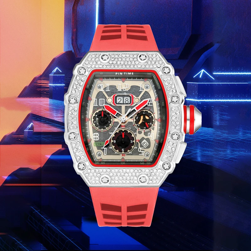 Lüks Kuvars Kol Saati Şarap Fıçısı Tipi Elmas Kakma Kabuk Çok Fonksiyonlu Aydınlık Spor Su Geçirmez Izle Erkekler için Saat