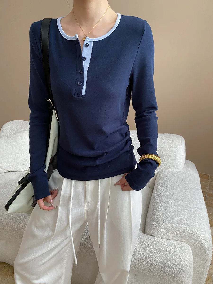 

Early autumn new Tencel Lyocell contrasting half open neck pleated waist T-shirt
