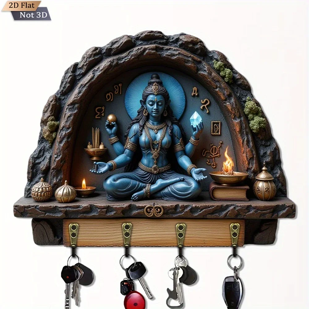 2D Flat, 1pc, -skinned deity shrine key hook, wooden multi-functional home key rack, with four metal hooks, wall decor, porch