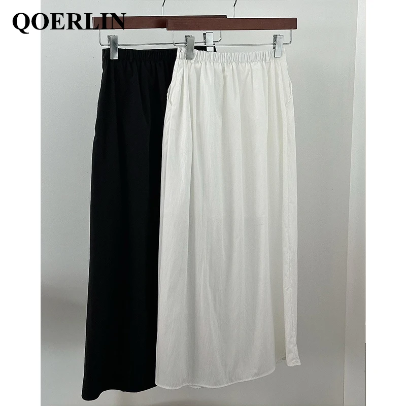 QOELRIN Stylish Criss-Cross Design Long Black White Skirts Maxi Korean Fashion Elastic Waist Elegant Office Ladies Work Clothing