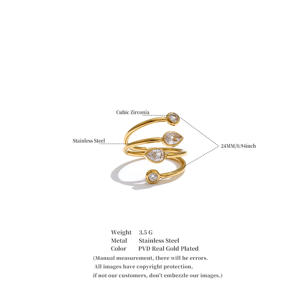 Yhpup Edelstahl-Zirkonia-Tropfenring, rund, geschichtet, verstellbar, Neuheiten, Kreativität, Modeschmuck, Geschenk – Detail 1