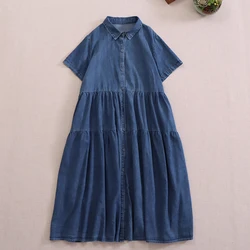Japanese Mori Girl Vintage Denim Blue Shirt Dress Women Summer Turn Down Collar Short Sleeve Casual Loose Cotton A-line Dresses