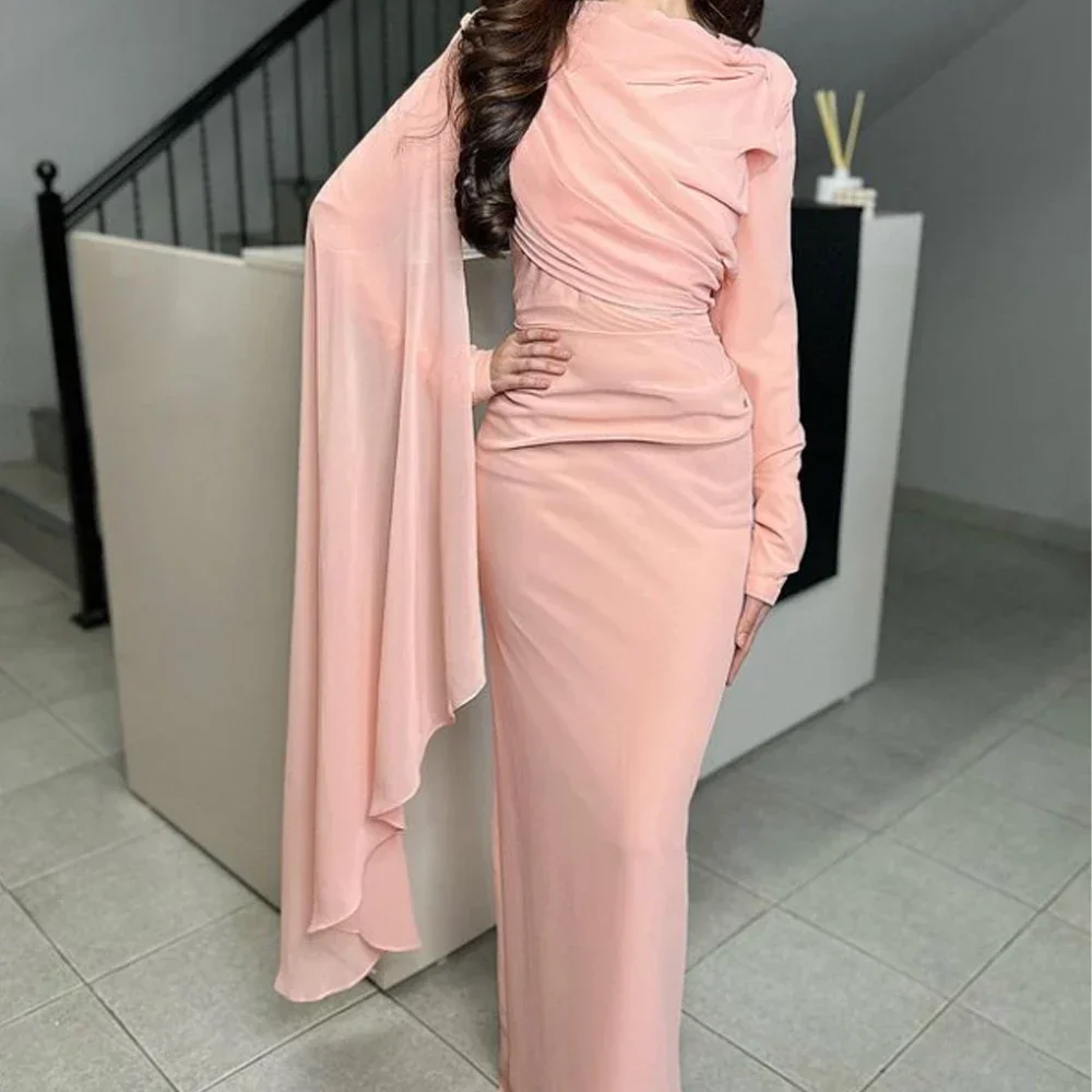 Customized Modern Style Chiffon Draped Pleat A-line High Collar Long Sleeves Elegant Formal Evening Party Temperament Dresses