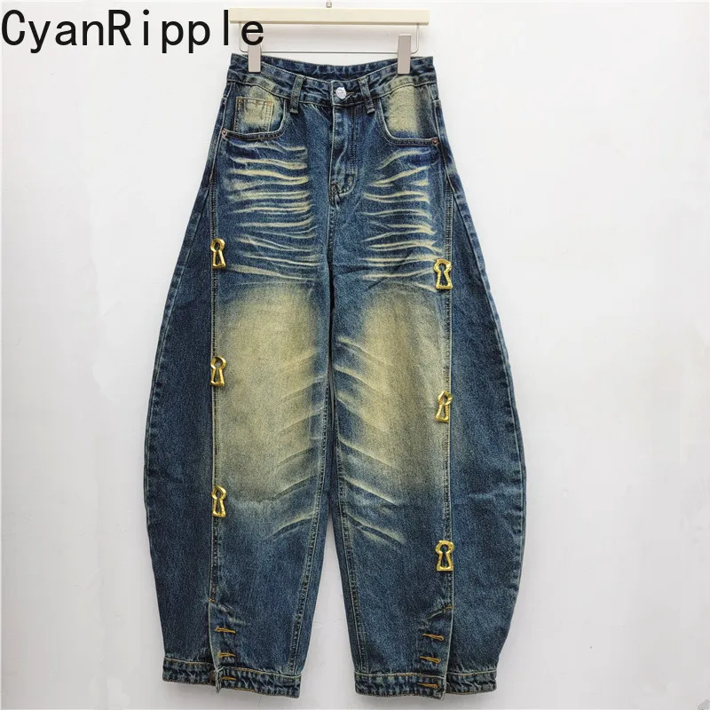 Trendy American-style Washed All-match Wide Leg Jeans Women Fashionable High Waist Metal Decoration Floor-length Denim Pants