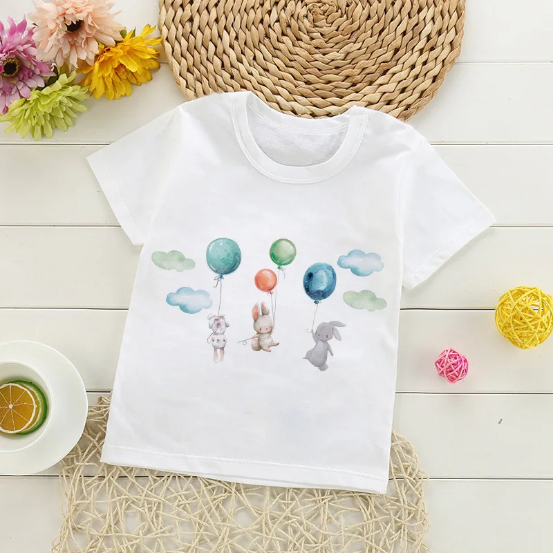 Summer fun little elephant balloon cartoon printed round neck children short sleeved casual boys and girls white T-shirt