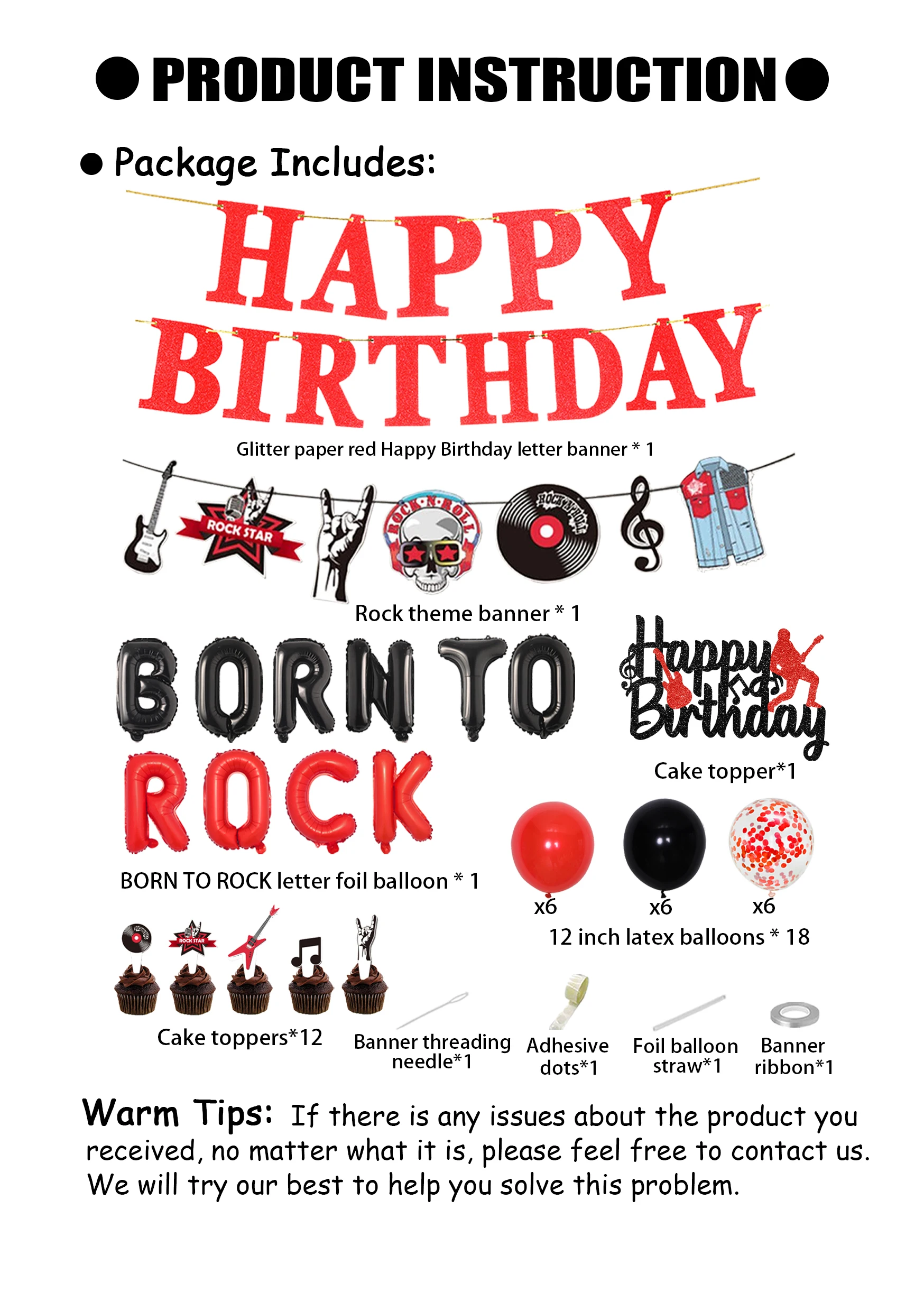 JOYMEMO Rock Theme Red Black Birthday Party Decorations Born To Rock Balloon Set with Rock Happy Birthday Banner Cake Toppers