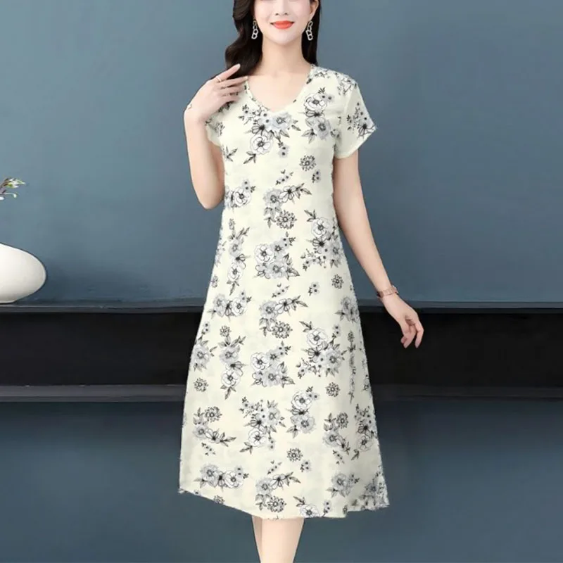 Women's Light Yellow Black Floral Print Short Sleeve V-neck Midi Dress Elegant Casual Loose Daily Wear