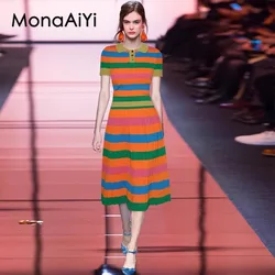 MonaAiYi HIGH QUALITY Runway Fashion Designer Women's Short Sleeve T-Shirt Knitting Top +Fashion Striped Pleated Skirt Uit