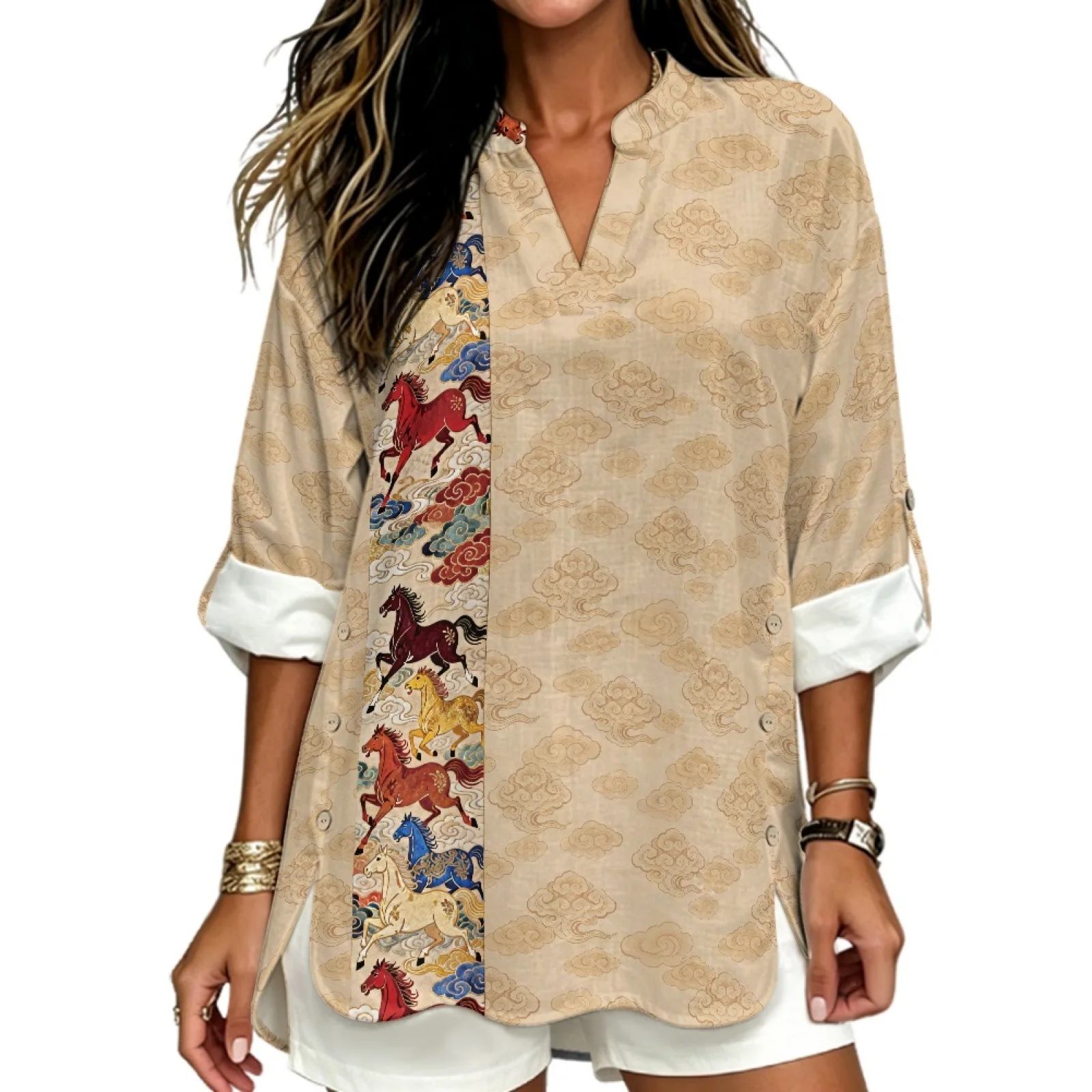 PENSTROLL Colorful Horse Print Casual Fit Blouse for Women Linen Like V Neck Tunic Tops V Neck Blouse