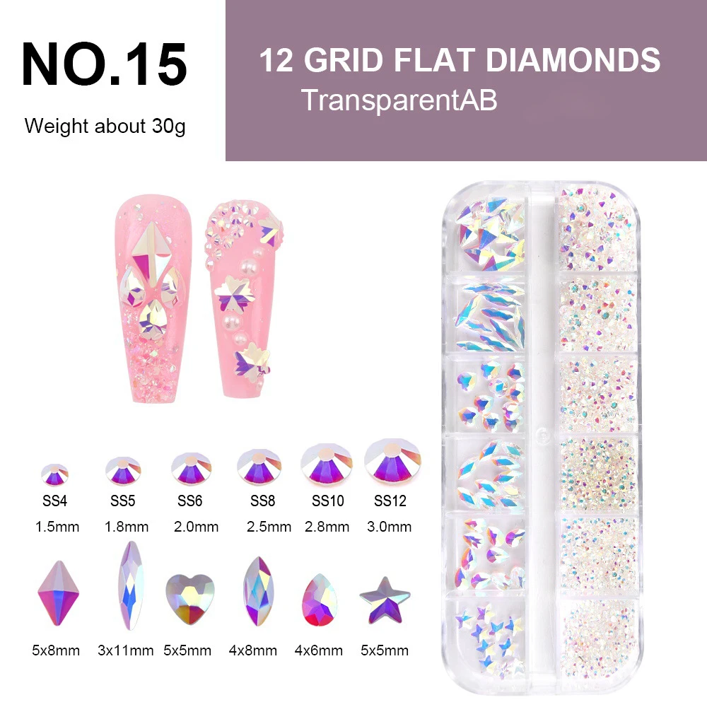 

12 Grids Glitter Transparent AB Crystal Rhinestones Mix Shapes Nail Art Accessories Diy Decorations Nail Charms Free Shipping