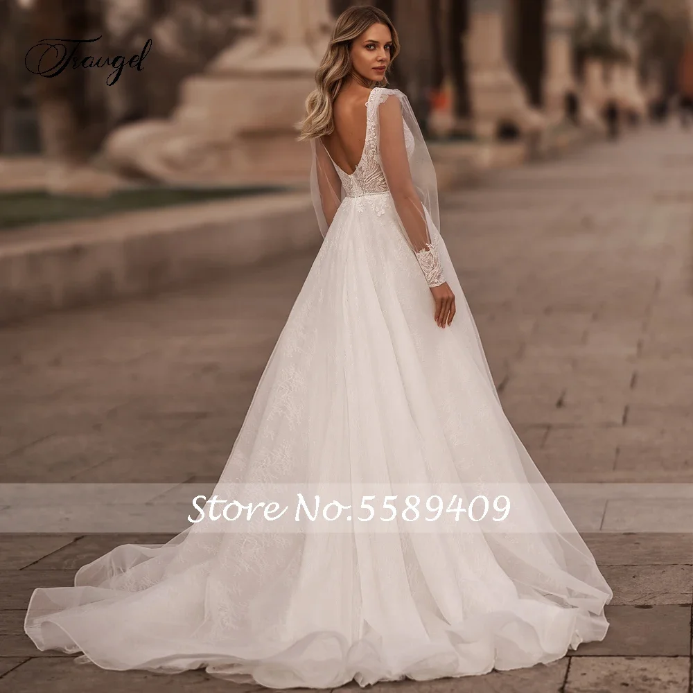 Customized Sexy Backless V Neck Long Sleeve Lace Wedding Dresses Appliques Beaded Belt Court Train A Line Bridal Gown