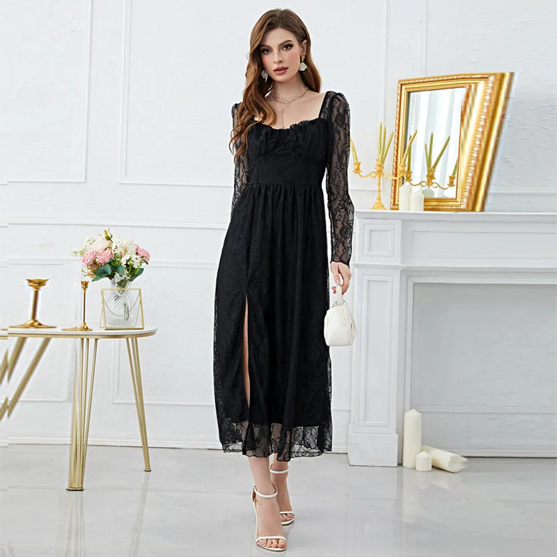 LQ-220902 Women's Fashion 2023 Spring/Summer New Collection Lace Square Neck High slit Dress