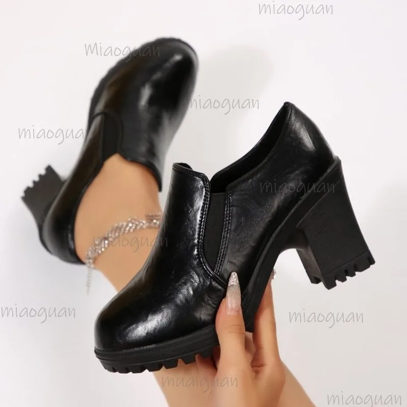جلد مكتنزة عالية الكعب المضادة للانزلاق مضخات الانزلاق على موضة أحذية بوت قصيرة أسود أنيق مكتب السيدات الخريف الأحذية بوتاس موهير