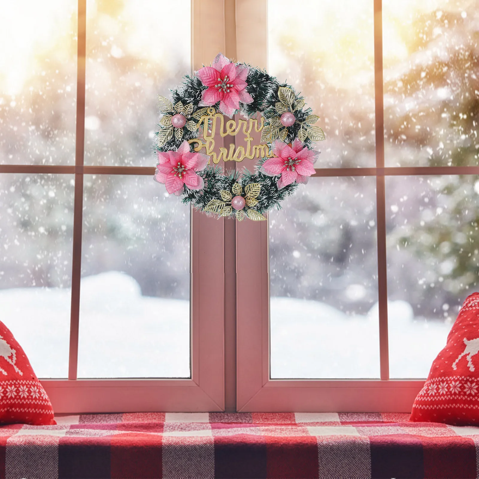 

Artificial Christmas Poinsettia Wreath Berry Bow Front Door Holiday Fireplace Porch Window Decoration Holiday Wreath