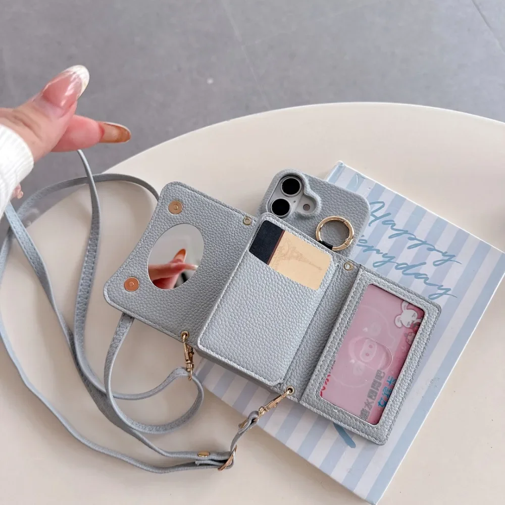 

Wallet Card Holder Slot Phone Case for IPhone 16E 16 15 14 Pro 13 12 Mini 11ProMax Ring Crossbody PU Leather Anti-fall Cover