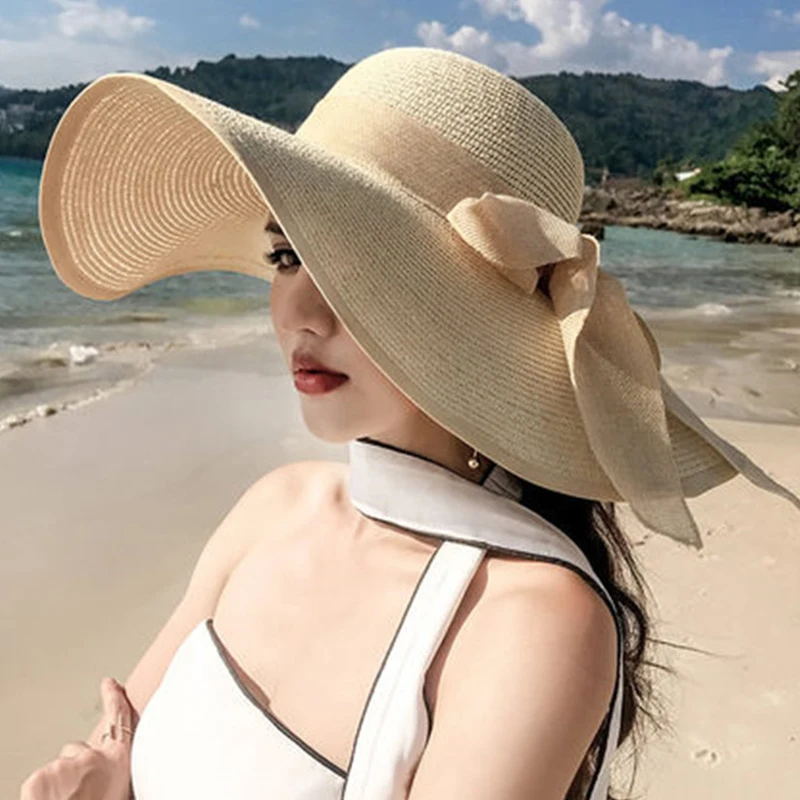 Summer Women Straw Hat Bowknot Wide Brim Floppy Panama Hats Female Lady Outdoor Foldable Beach Sun Cap