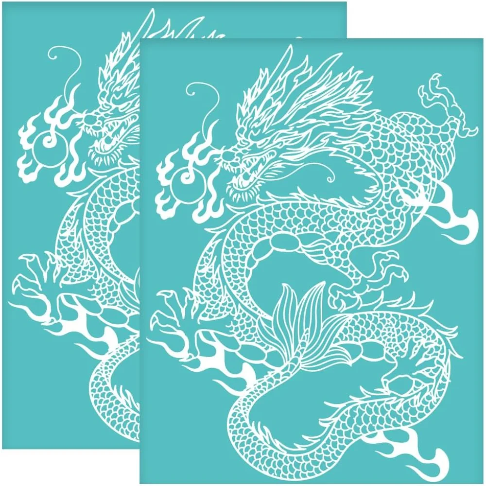 2Pcs 11x8.6 Inch Chinese Dragon Silk Screen Stencil Animal Theme Self-Adhesive Silk Screen Printing Stencil Mesh Stencils