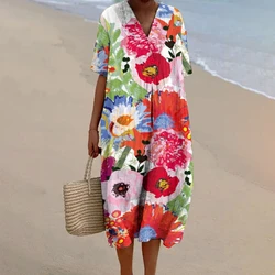 Abito allentato in lino di cotone con stampa floreale da donna abito lungo con scollo a V in lino hawaiano Mini abiti lunghi lunghi larghi da spiaggia estiva