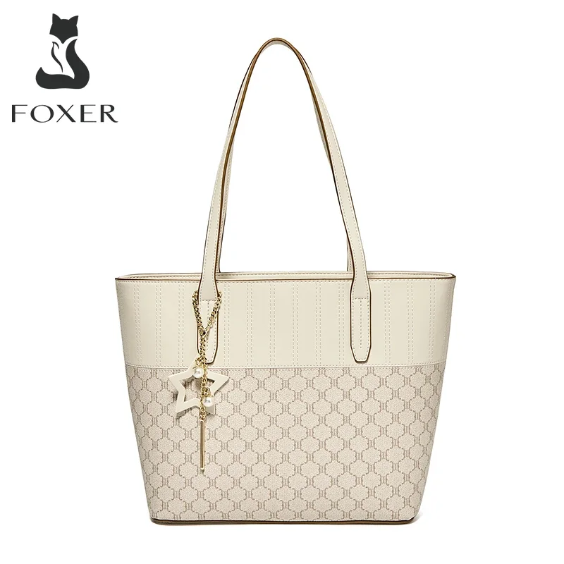 

FOXER Signature Women PU Leather Handbag Commuter For Lady Large Capacity Shoulder Bag Fashion Monogram Female Tote With Pendant