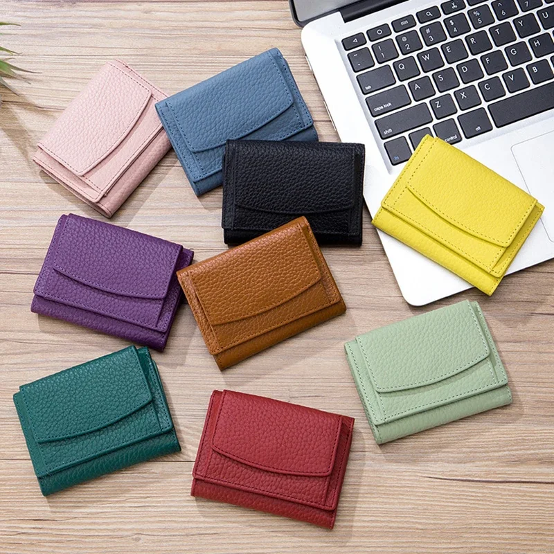 Porte-monnaie en cuir véritable pour femmes, portefeuille en cuir de vache, petite poche pour monnaie, porte-cartes Rfid, Mini pochette Portable