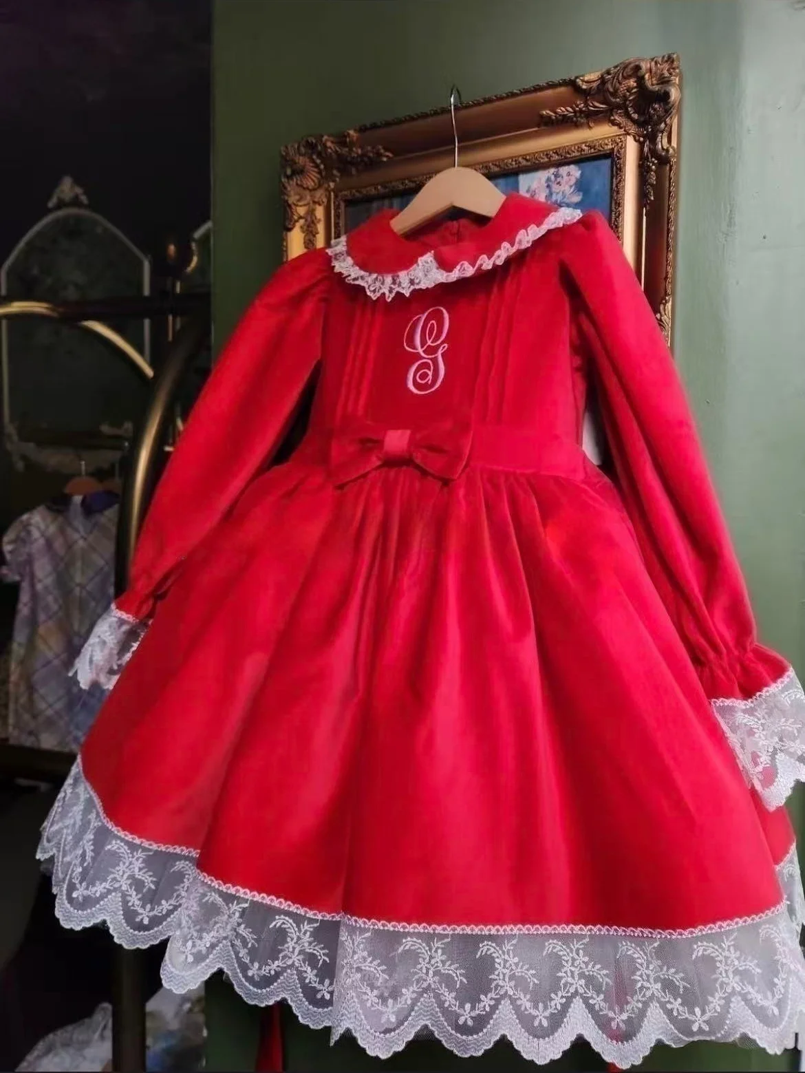 0-12Y Baby Girl Autumn Letter Customized Long Sleeves Red Velvet Dress for Birthday Photography Holiday Christmas C308
