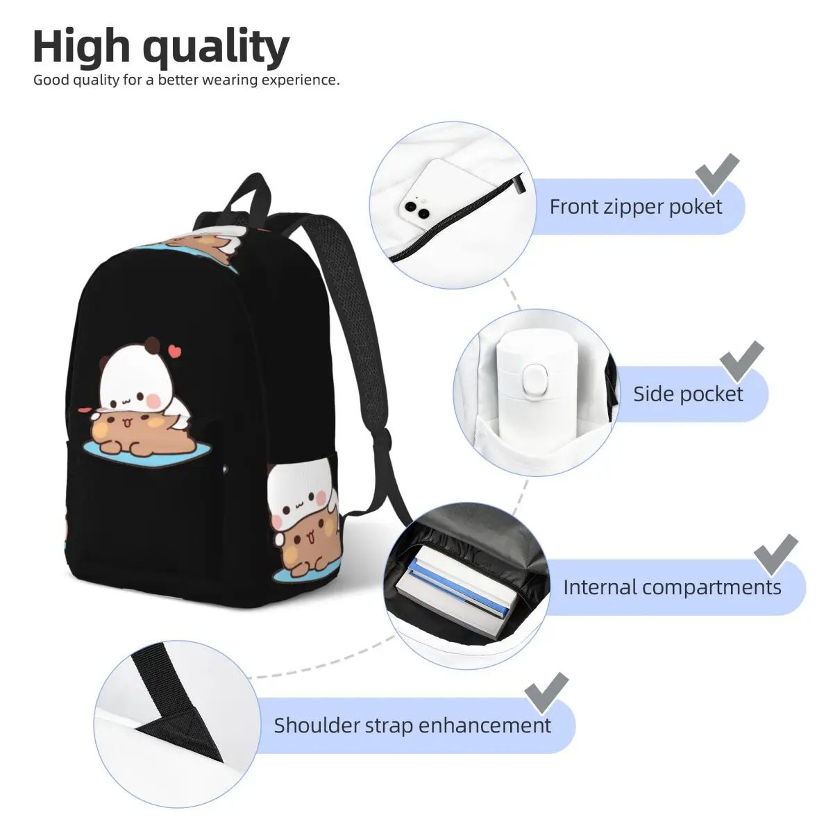 Bear And Panda Bubu Dudu Balloon Student Backpack School Bag Hiking Travel Daypack for Boys Girls Bookbag Shoulder Bags