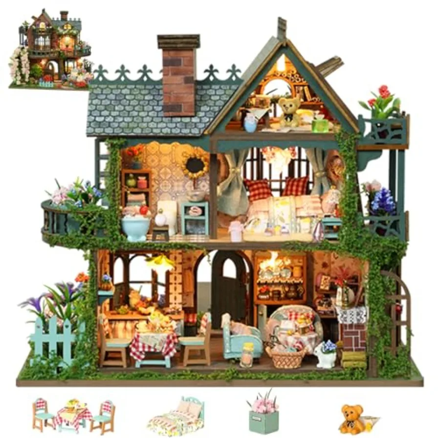 

DIY Wooden Miniature House Kit with LED - Tiny Model Dollhouse Building Kit for Adults - Creative Craft Gift for Families Frien