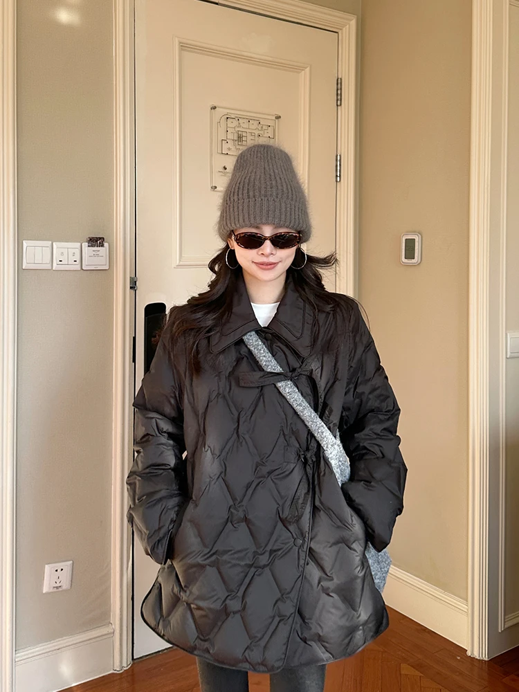 

Lightweight Floral Emed down Jaet Bla Loose Fit Bread Sle 90% White Du down Korean Version Women's Coat