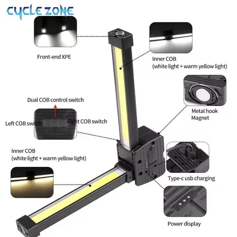 مصباح LED محمول قابل للطي متعدد الوظائف مغناطيس قوي COB ضوء العمل TYPE-C ضوء الطوارئ القابل لإعادة الشحن لإصلاح السيارات #3