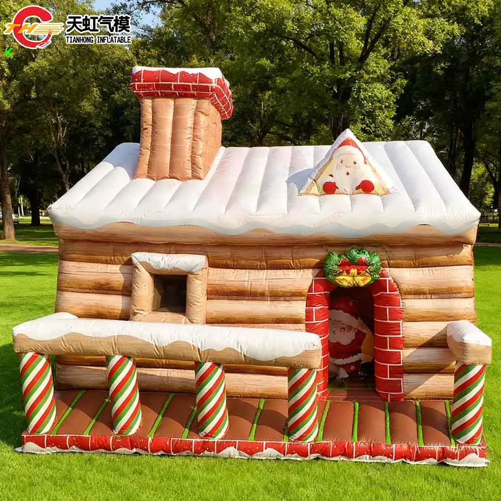 Maison de noël gonflable avec cabine en rondins, 5x4x3.5mH, avec clôture, grotte du père noël avec cour avant, livraison rapide